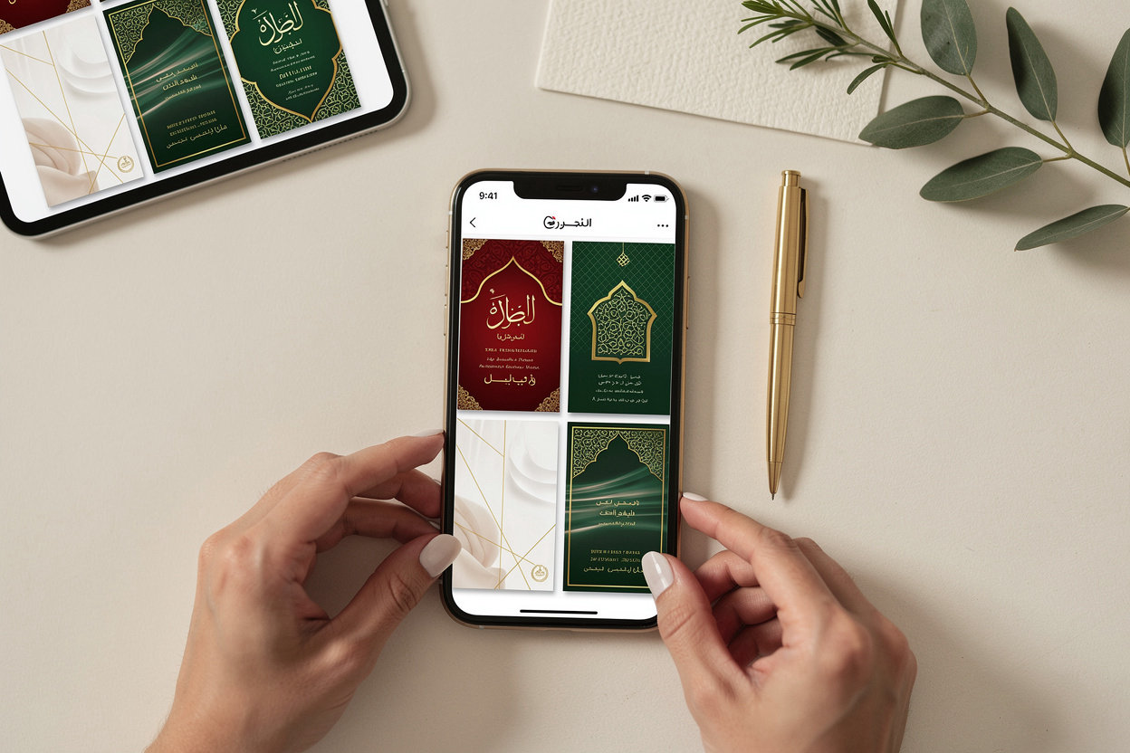 بطاقة دعوة أعراس إلكترونية - نماذج تصاميم رقمية عربية وإسلامية فخمة قابلة للمشاركة عبر الواتساب