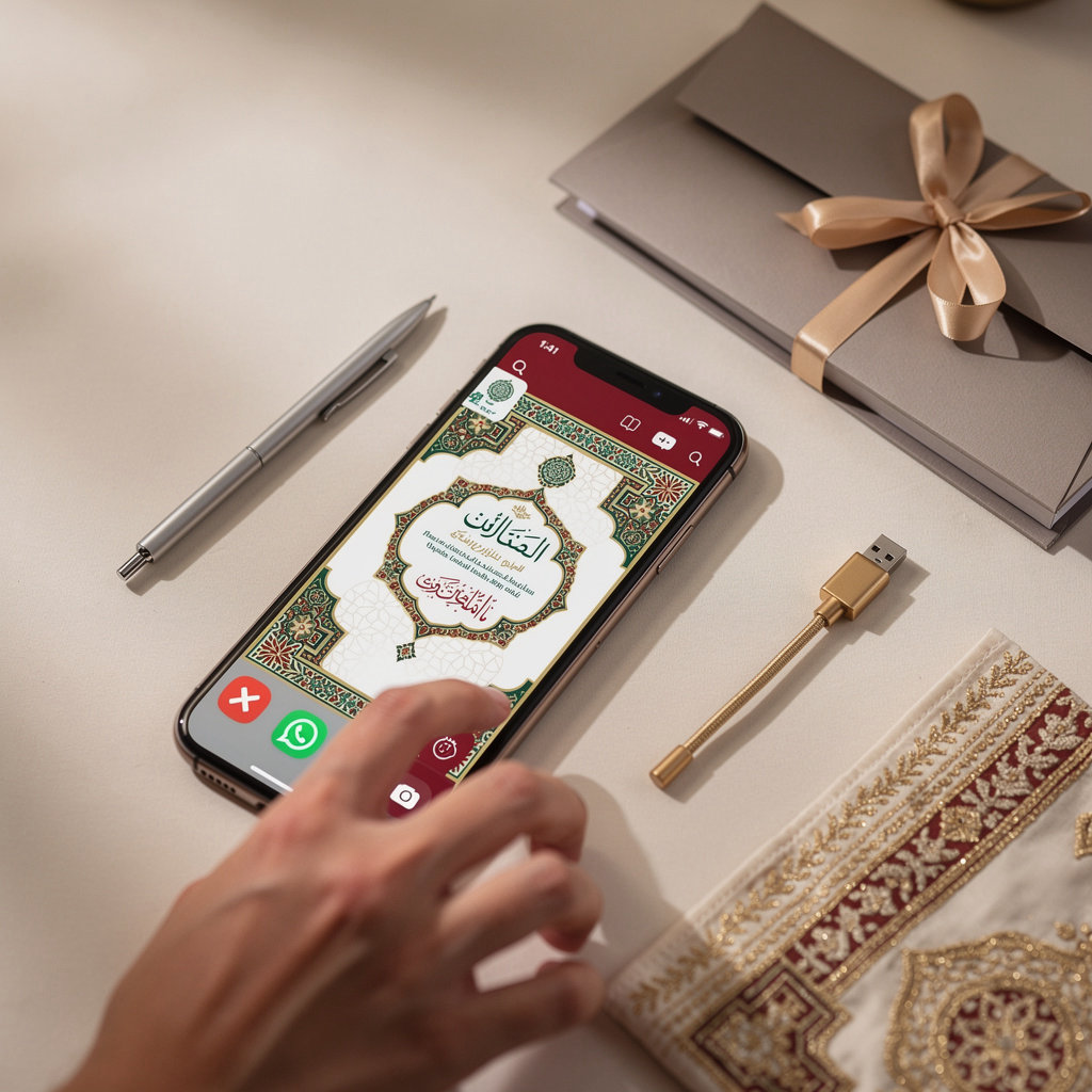 بطاقة دعوة أعراس إلكترونية على هاتف ذكي توضح سهولة المشاركة عبر واتساب وتوافقها مع الجوال